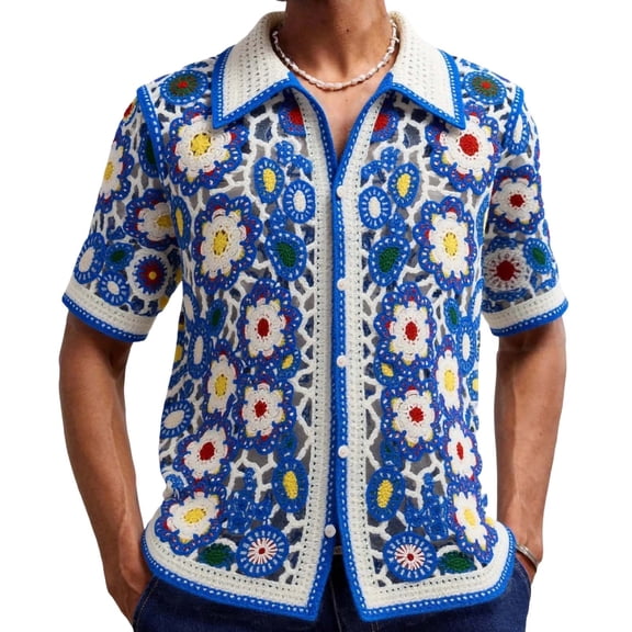 Mens Flower Crochet Shirt See Through Hollow Out Knit Casual Short Sleeve Button Down Summer Beach Shirts Size 3XL Multicolor
