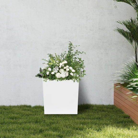 ToppiJoy 18*18*20in Steel Planter Box, White Metal Planter, Large Square Indoor Outdoor Planters Cube with Removable Inner Plate, Heavy Duty Flower Pot for Patio Garden Yard