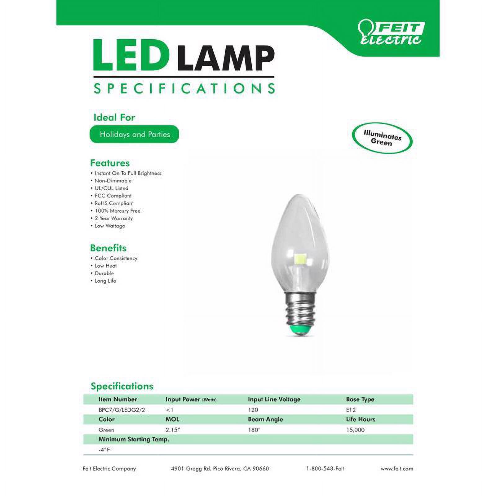 Feit Electric BPC7-G-LEDG2-2 0.1W E12 C7 LED Non-Dimmable Night Light Bulbs, Green - 2 Count