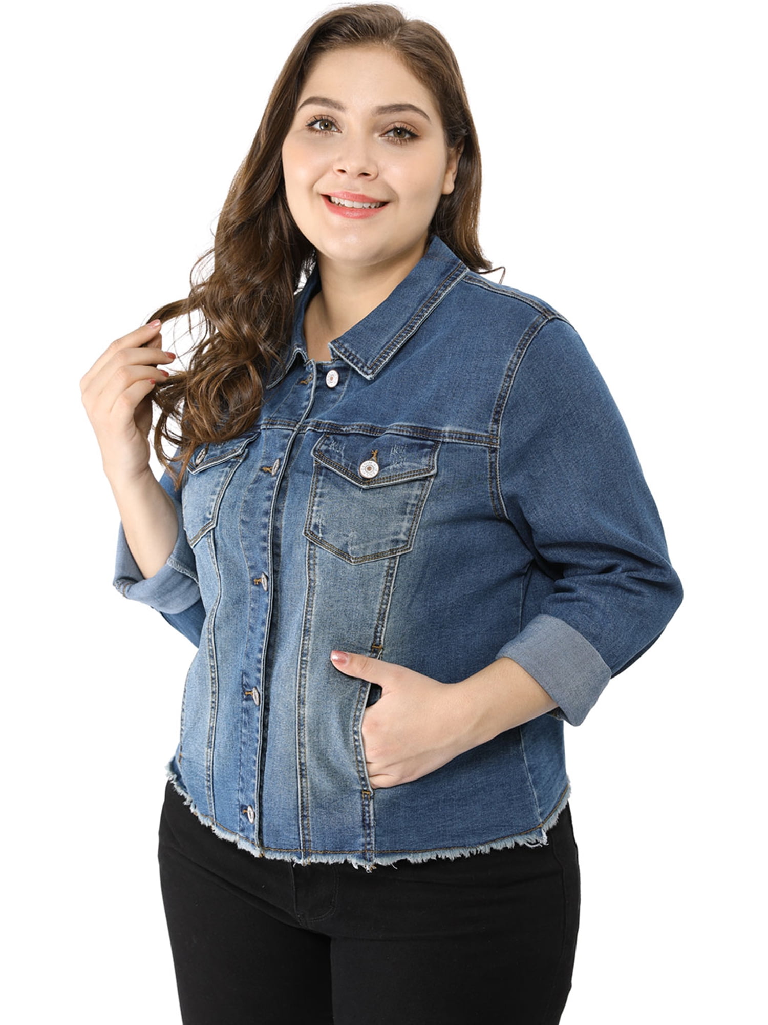 DARING DIVA Women's Plus Size Washed Front Frayed Classic Denim Jacket 6X Blue