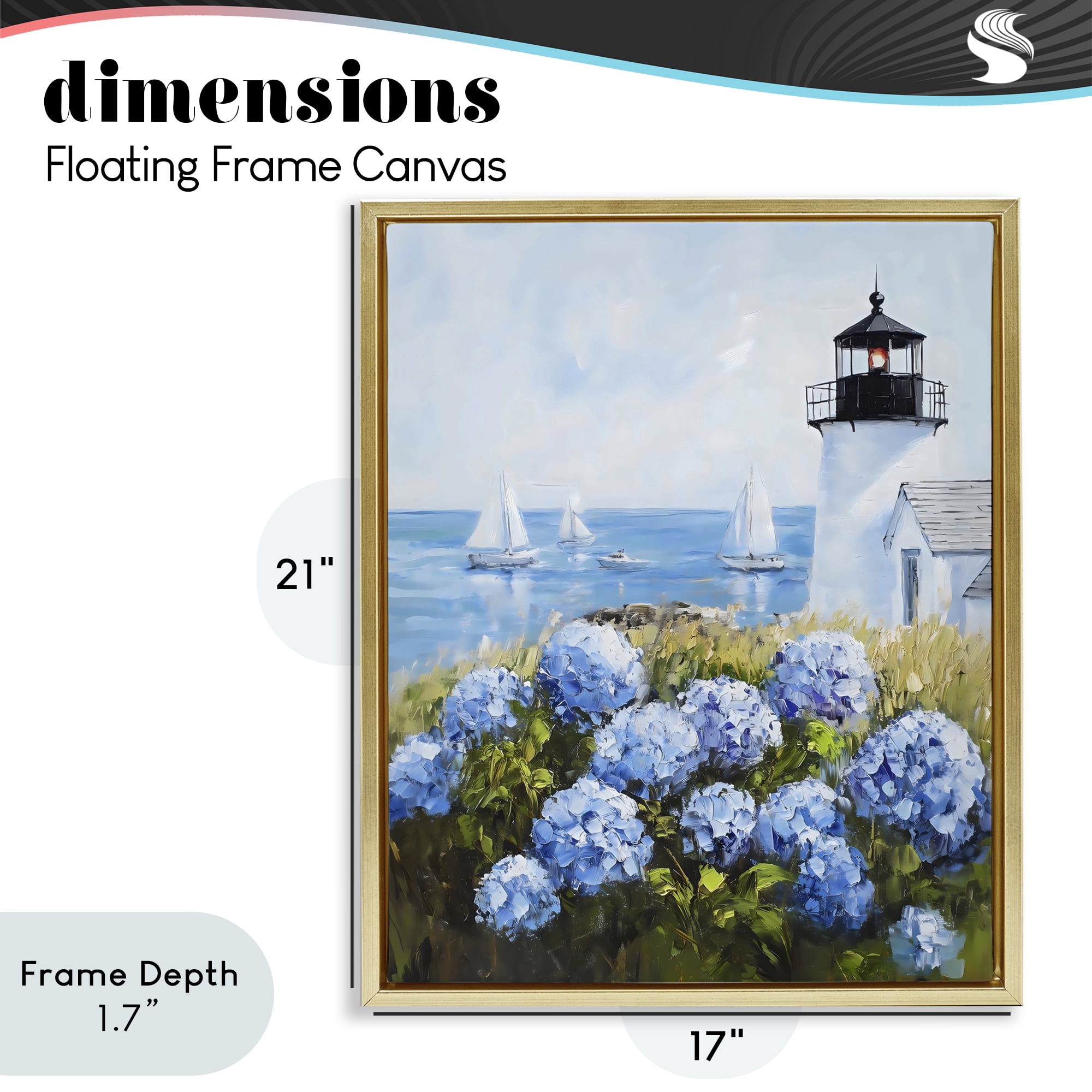 Stupell Industries Lighthouse Surrounded by Hydrangeas Gold Framed Floater Canvas Wall Art, design by Arlington Prints