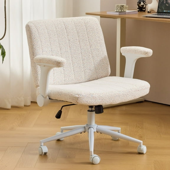 Ktaxon Office Chair, Flip-Top Armrest Desk Chair on Metal Star Base, Starry Chenille Vanity Chair with Adjustable Height & Swivel Wheels White