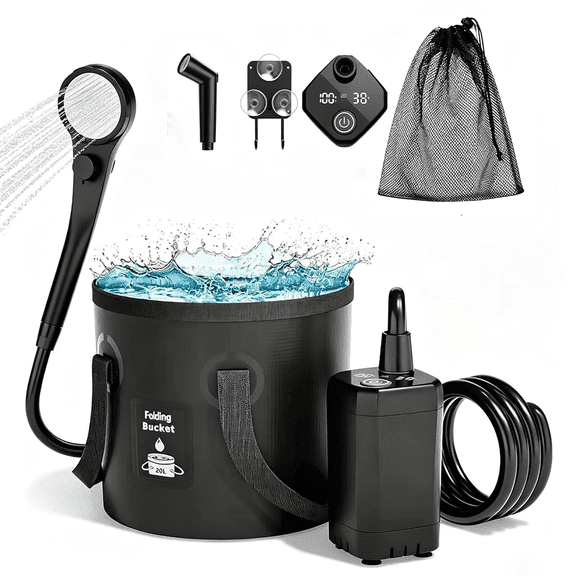 QIYFDDF Portable Camping Shower ,6000mAh Rechargeable Pump Filtered Shower Head & Spray Gun Head 5 Gallons / 20L Foldable Bucket Shower for Hiking Beach Travel Pet Bath Car Washing