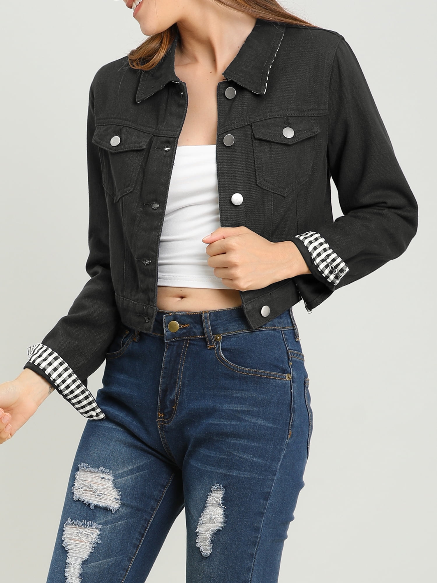 DARING DIVA Women's Button Down Long Sleeve Cropped Denim Jacket M Black