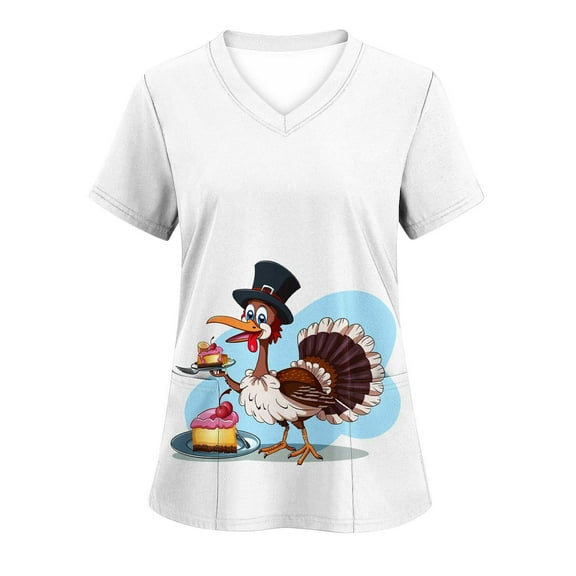 QATAINLAV Stretchy Nursing Scrubs for Women 2024 Thanksgiving Working Uniform Tops Funny Turkey Print Short Sleeve V Neck Medical Scrub Shirt with Pockets Lighten Deals of The Day White#1 XXL
