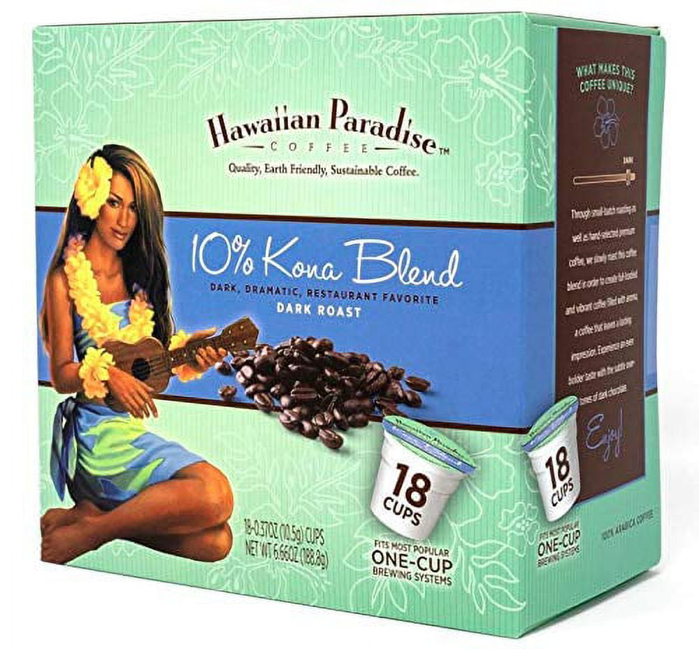 Hawaiian Paradise Coffee 10% Kona Blend Single Serve Cups 18 Count Dark Roast - Made From The Finest Beans Produced In Hawaii - Compatible with Keurig K-Cup Brewers