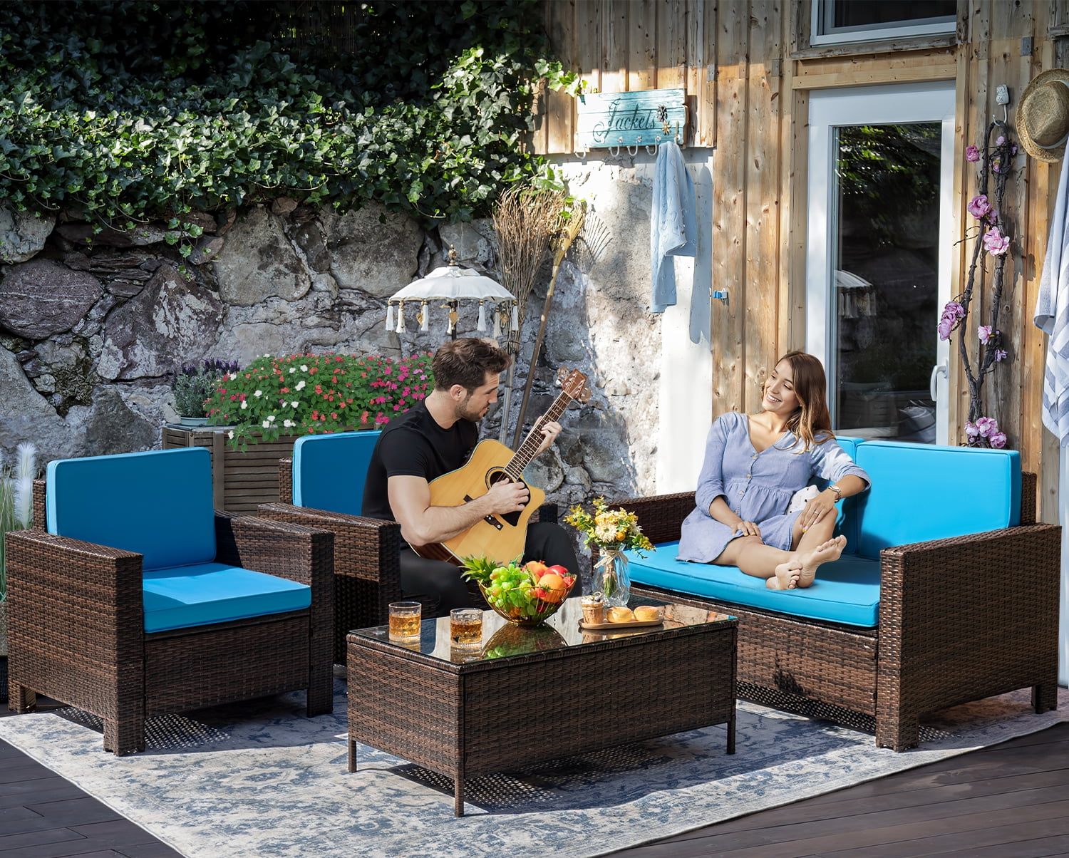 Devoko 4 Pieces Patio Conversation Set PE Rattan Wicker , Blue