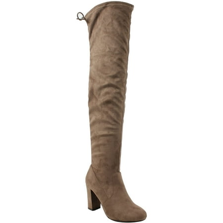 

Delicious Women Over Knee Thigh High Boots Slip-On Chunky Thick Heels Back Lace-Up SNIVY-AH Brown Taupe Suede 11