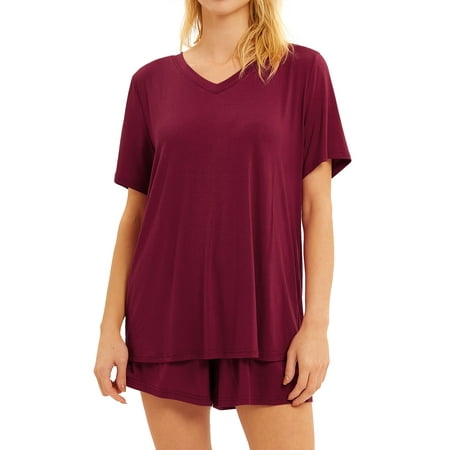 

GESJQFZ Women Solid Color V Neck Short Sleeve Pajama Shorts Sleepwear Set