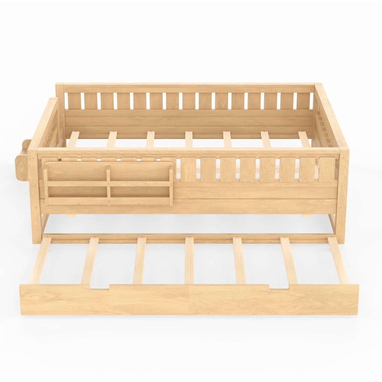 Queen Size Low-Profile Kid's Platform Bed with Built-in Bookshelves & Small Staircase, Wooden Bed Frame with Safety Rails & Trundle