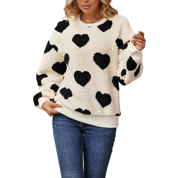 Women'S Plush Heart Print Loose Long Sleeve Round Neck Pullover Sweatshirt Fall Winter Outfits Black Love M