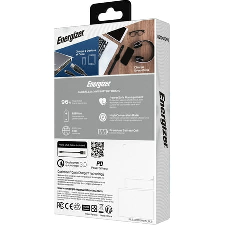 Energizer - Ultimate Lithium 10,000mAh 18W Fast Charge Portable Charger/Power Bank QC 3.0 & PD 3.0 for Apple, Android & USB Devices - Gray