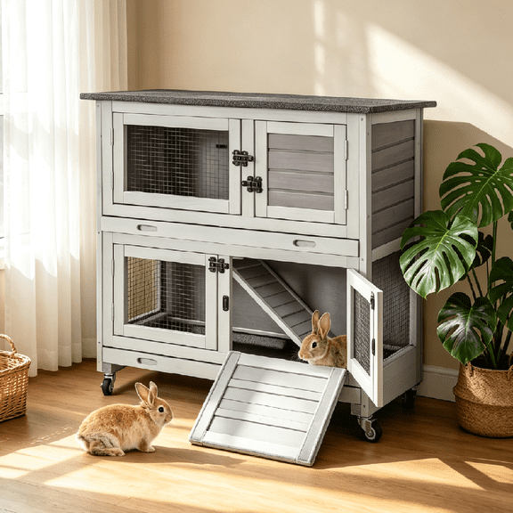 Aivituvin Rabbit Hutch Indoor Outdoor, 2-Story Rabbit Cage for Guinea Pigs with 2 Leakproof Trays & 4 Wheels