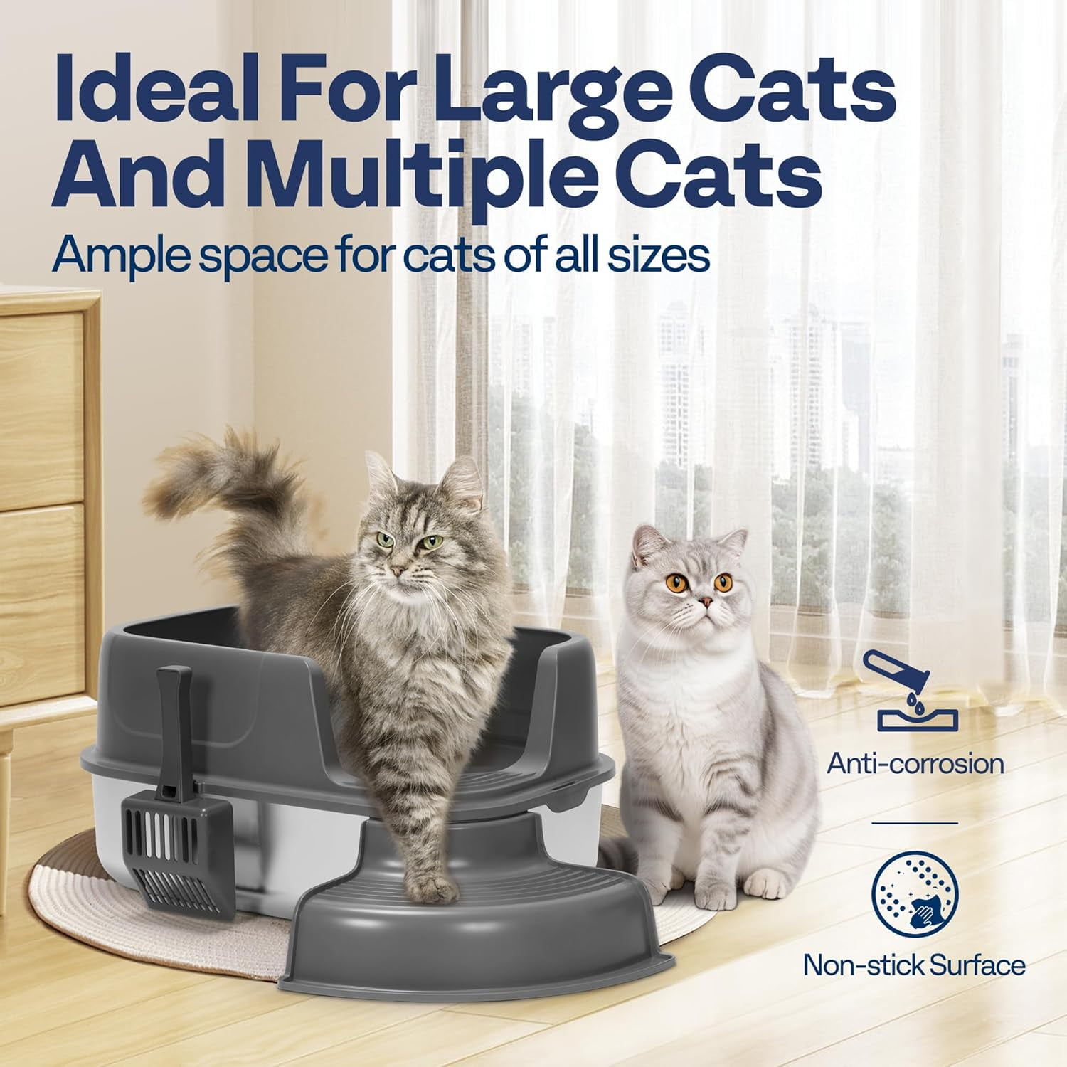 SPECSTAR XL Stainless Steel Cat Litter Box with Cover and Steps, 23'' x 17'' x 12'' Large Metal Litter Box for Cats with Scoop, Easy to Clean, Non-Slip, Ideal for Big or Multiple Cats, Dark Gray