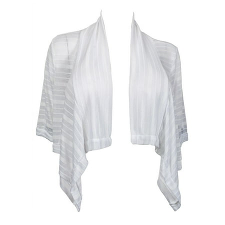 eVogues Plus Size Striped Shawl Collar Cropped Cardigan White