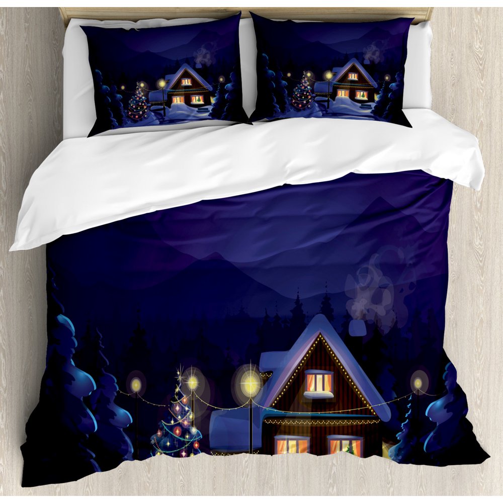 Christmas Decorations King Size Duvet Cover Set, Winter Scenery with
