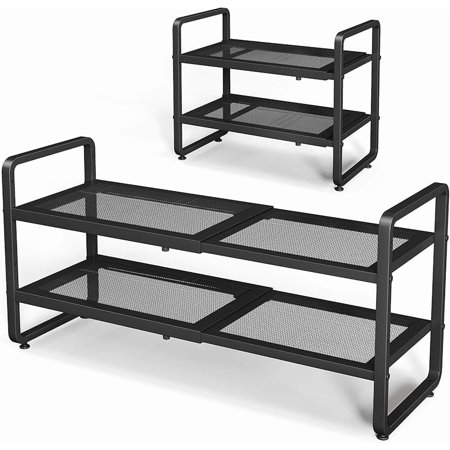 MY Shoe Rack - Expandable Shoe Organizer for Closet Adjustable Metal Shoe Shelf Storage Stackable Long Shoe Stand Holder for Garage Entryway Door Entrance (Black 2-Tier)