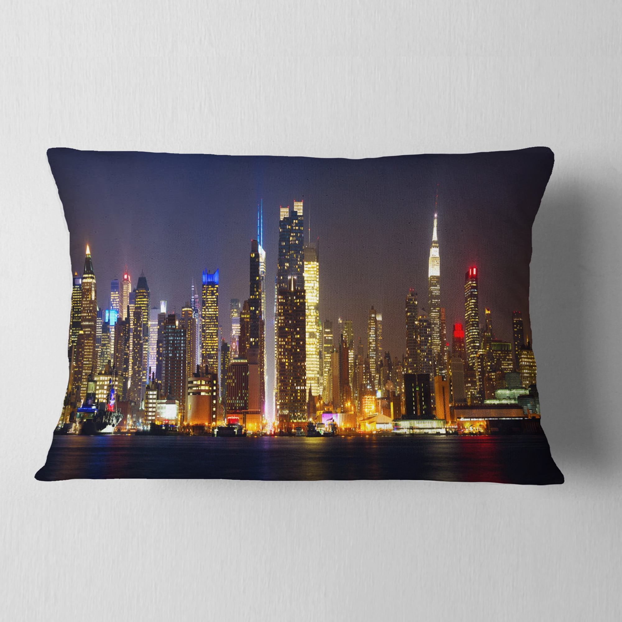 Designart New York Skyline at Night - Cityscape Photo Throw Pillow - 12x20