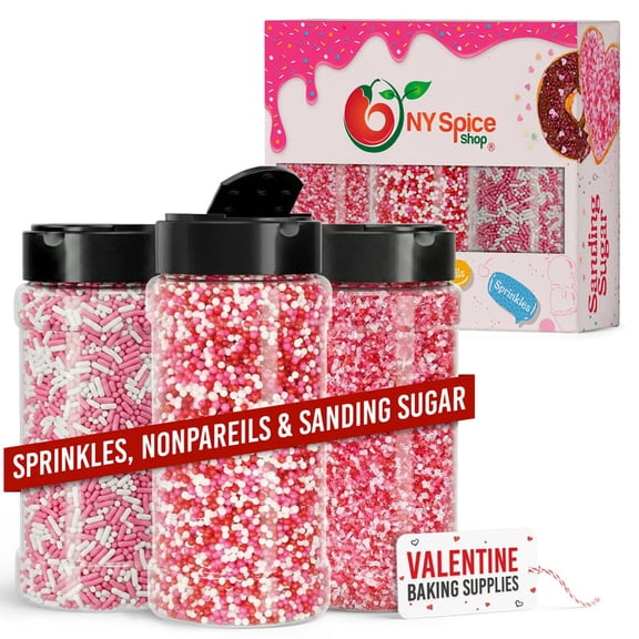 NY SPICE SHOP Pack of 3 Valentine Sprinkles, Nonpareils & Sanding Sugar - 04 Ounce Bottle - Valentine Baking Decorations for Cookies, Cupcakes, Cakes & Desserts