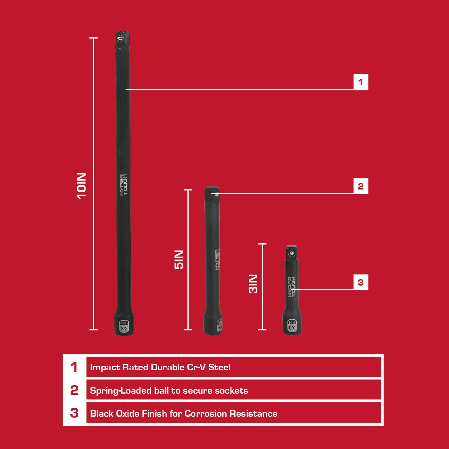 Hyper Tough 3-Piece 3/8-inch Drive Impact Extension Bar Set