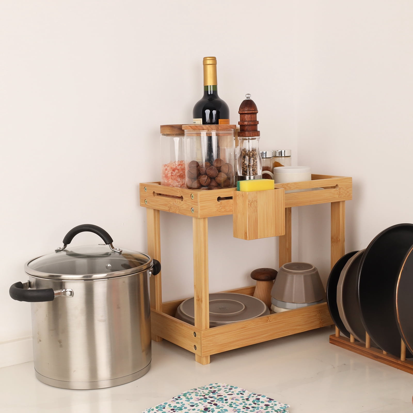 2 Tier Bamboo Under Sink Storage Kitchen Organizer, Kitchen Sink Organiser, Multipurpose Kitchen Cupboard Storage with 6 Bamboo Hooks, 1 Bamboo Hanging Box