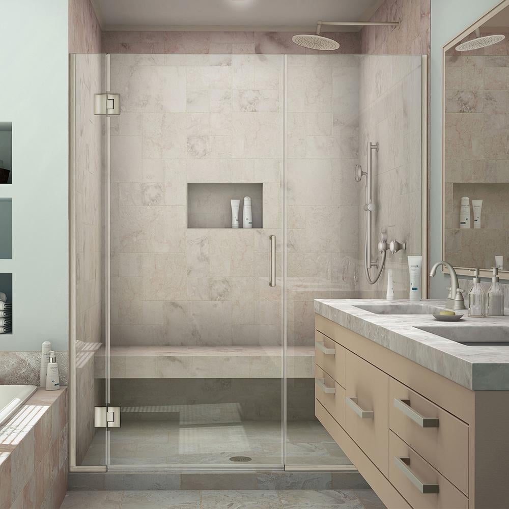 Unidoor X 63 1 2 In W 72 H Frameless Hinged Shower Door Brushed Nickel
