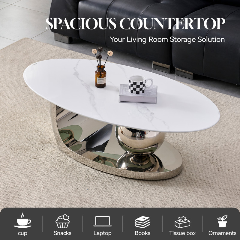 51.2-Inch Oval Faux Marble Top Center Coffee Table, Living Room End Table with C-Shaped Stainless Steel Base
