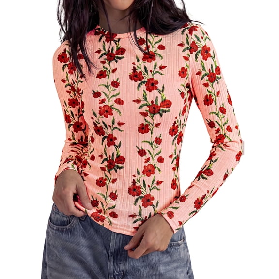 PRETTYGARDEN Womens Long Sleeve Shirts Floral Y2K Tops Soft Lightweight Ribbed Knit Top,Fitted Waist,Crew Neck Slim Fit,Going Out Vacation Outfits,Layering Fall Winter Clothes