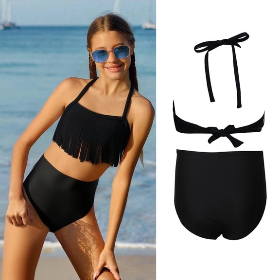 Girls Bikini Two-Piece Swimsuits Backless Halter Swimwear Sets with Chest Pad Girls Swim Suit 13-14 Years