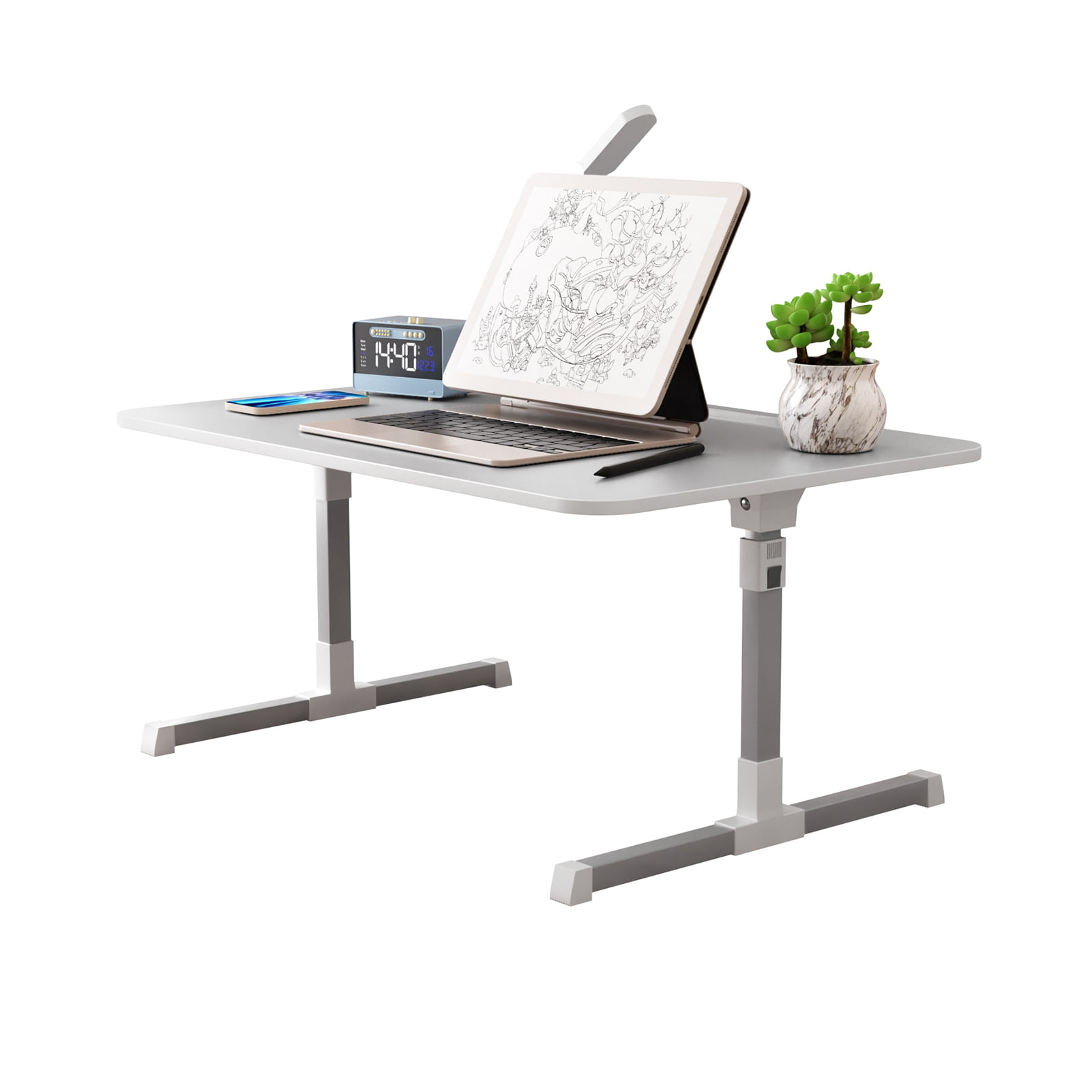 5-Height Adjustable Bed Table with LED Light & Fan, Foldable Laptop Desk 23.6x15.7 Inch, Multi-Function Bed Tray with Storage Drawer
