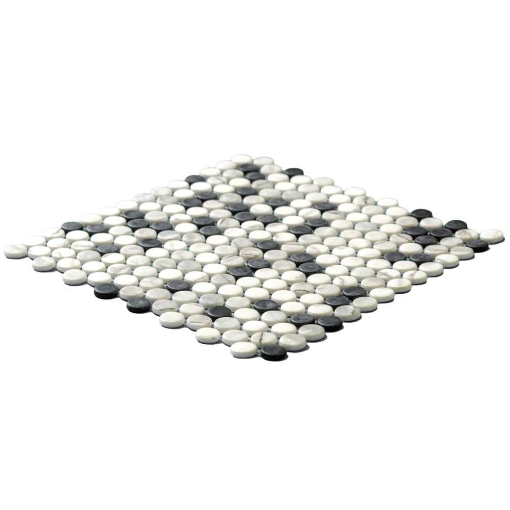 The Tile Life Eterna Penny 4" x 4" Black & White Glass Round Mosaic Tile Sample 1 Piece