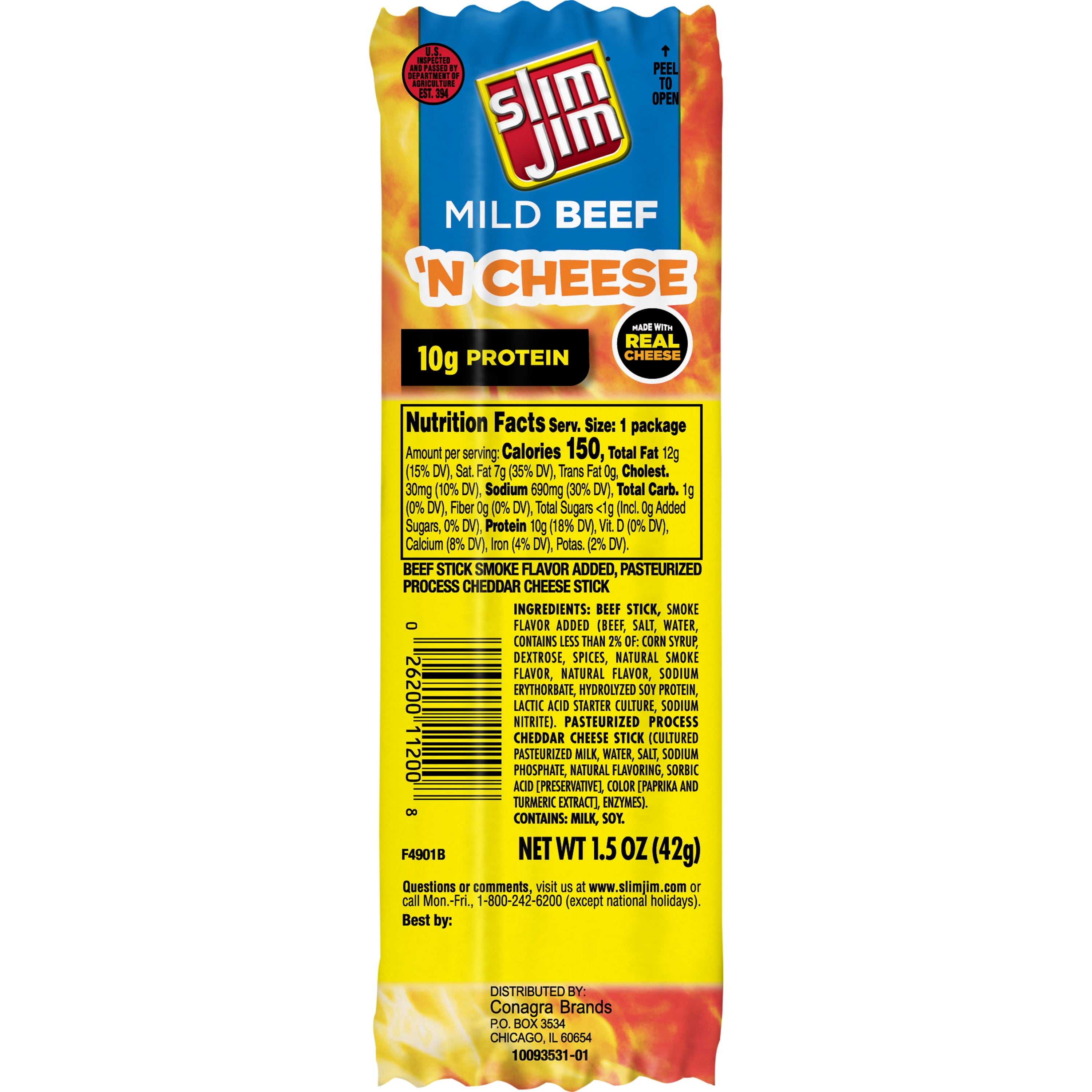 Slim Jim Beef and Cheese Stick, Mild Flavor Meat Stick, 1.5 Oz, 1 Ct