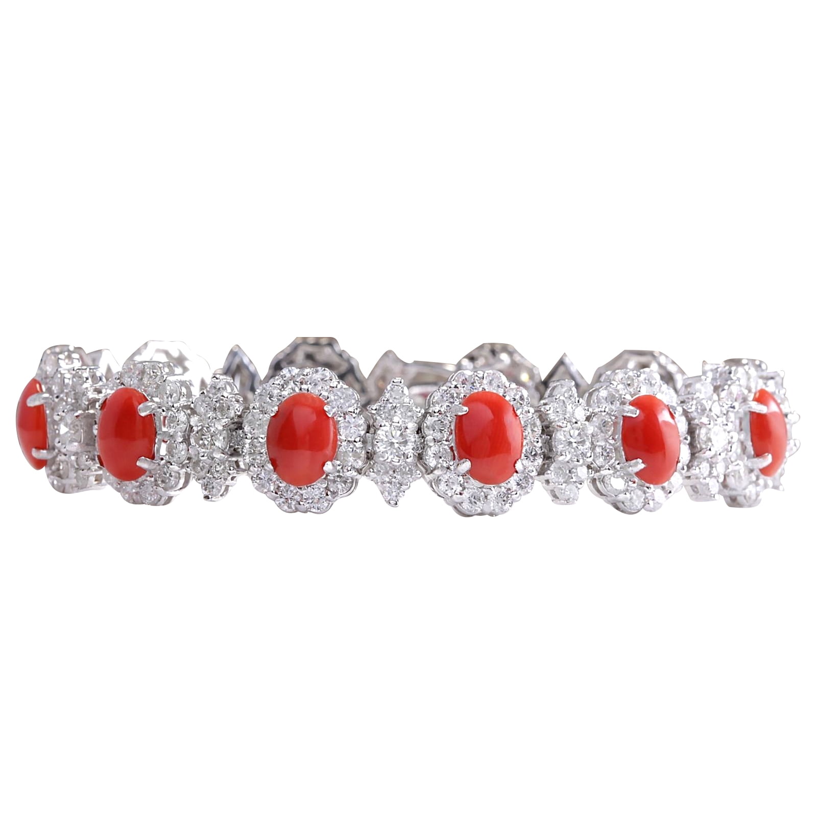 18.77CTW Natural Red Coral And Diamond Bracelet In 14K Solid White Gold by
