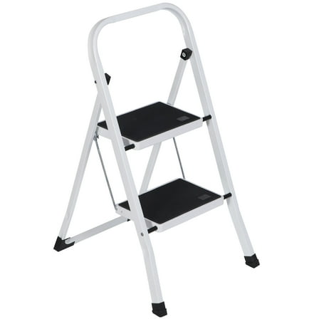 2 Steps Ladder Safety Non Slip Mat Tread Foldable Kitchen Steel Step Stool White