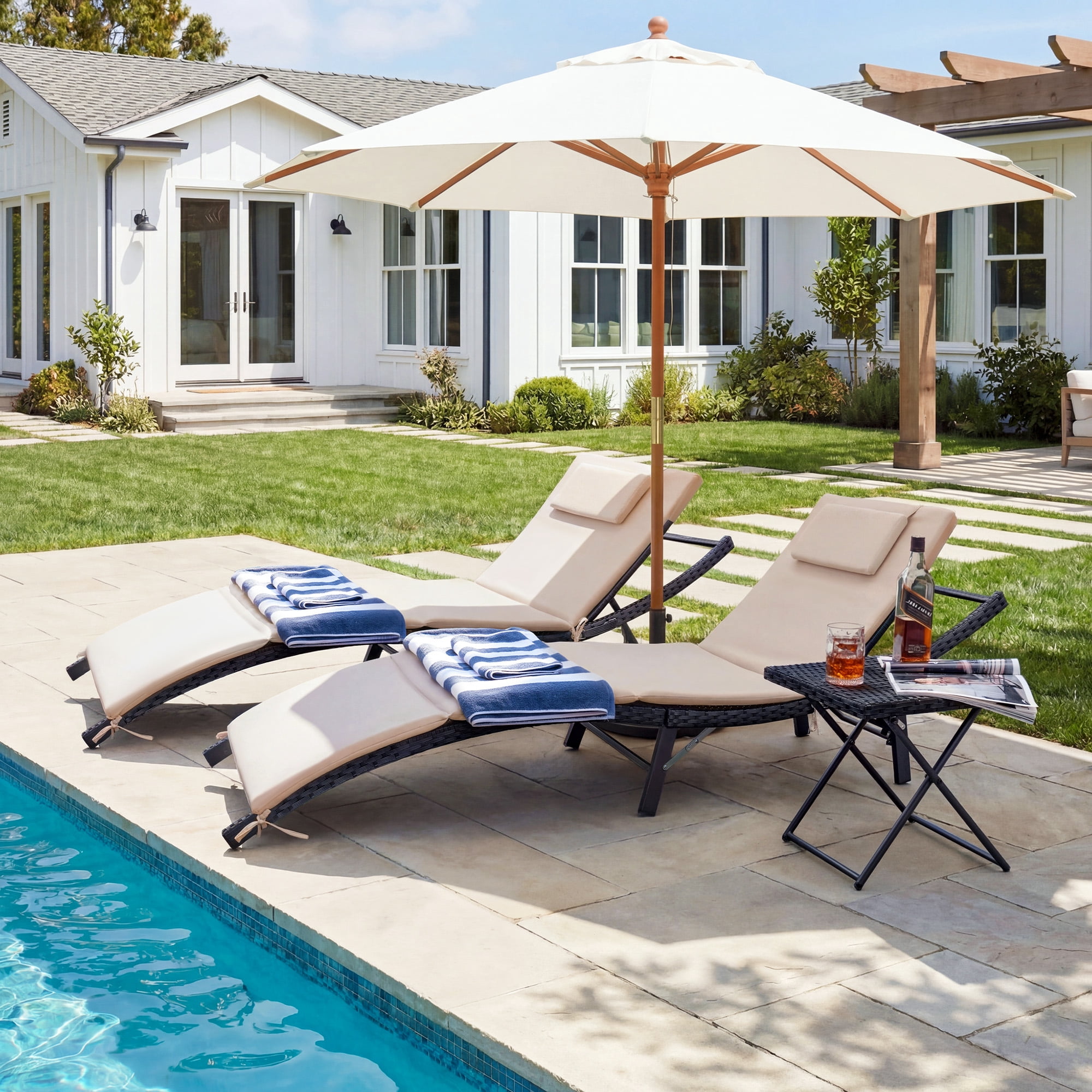 Homall 3 Pieces Patio Chaise Lounge Chair Sets Outdoor Beach Pool PE Rattan Reclining Chair with Folding Table and Cushion, Beige