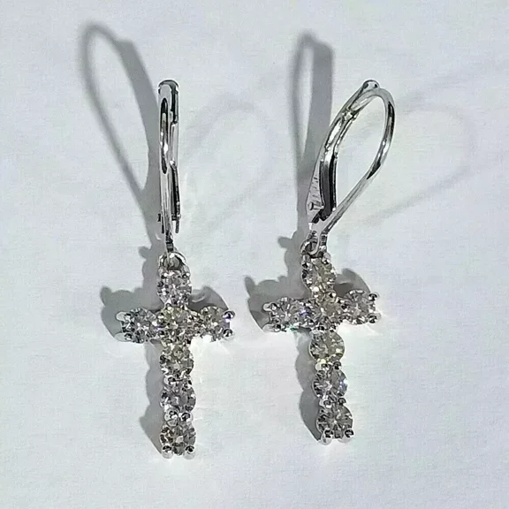 2Ct Round Cubic Zirconia Diamond Cross Drop/Dangle Earrings – 18K White Gold Plated Sterling Silver