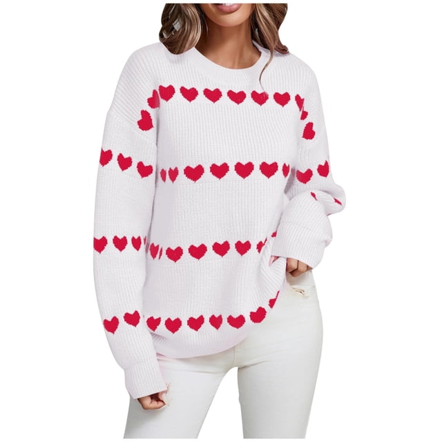 Tauxra Chandail à Manches Longues pour Femmes avec Motif Cœur, Col Rond, Tricoté, pour Usage Quotidien et Décontracté