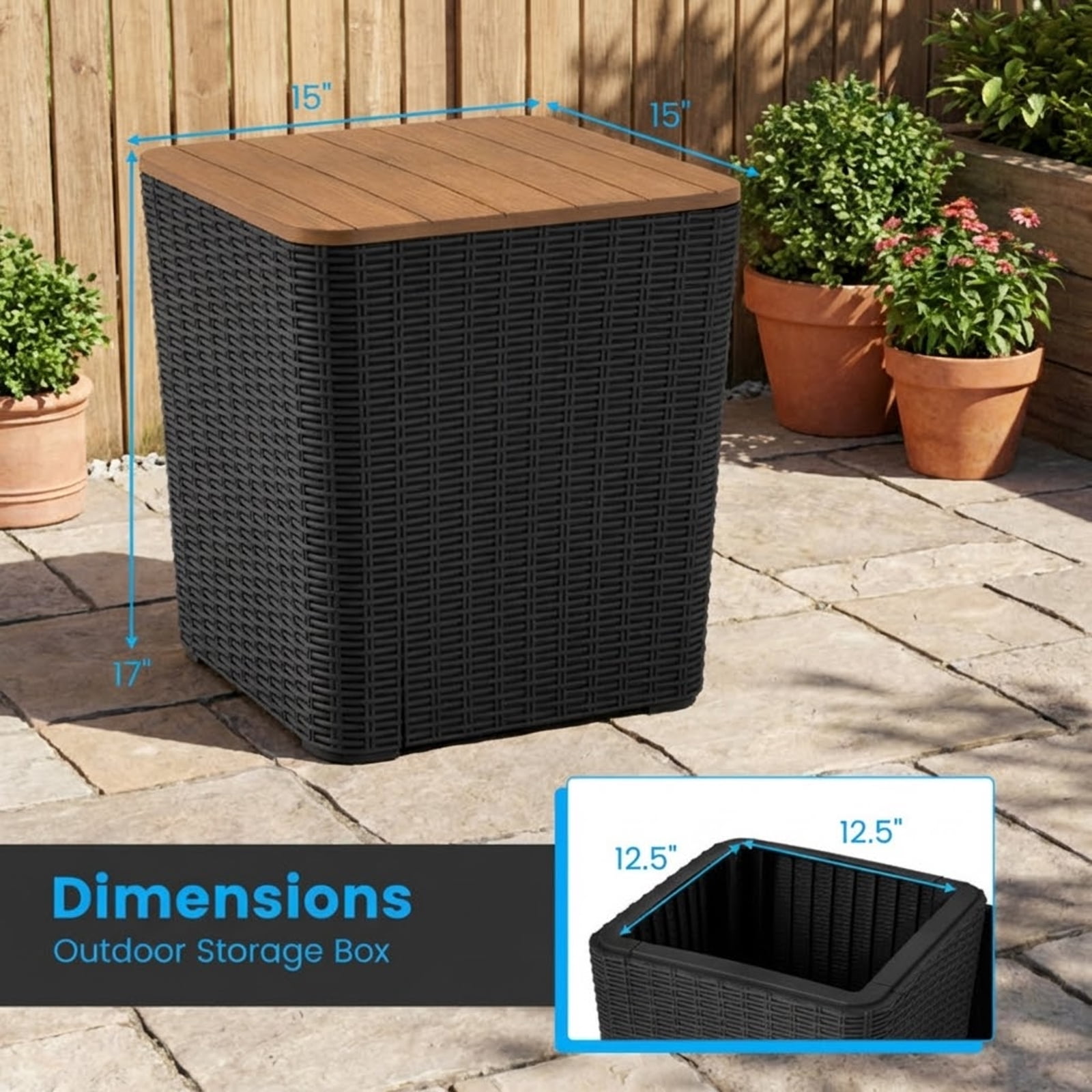 Furnibear Outdoor Side Table with Storage, Modern Wicker Resin Accent Table with Removable Lid, Waterproof Patio Furniture for Porch, Pool, and Garden, Black
