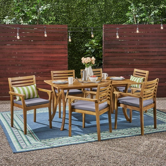 Noble House Casa 7 Piece Wooden Patio Dining Set in Teak and Gray