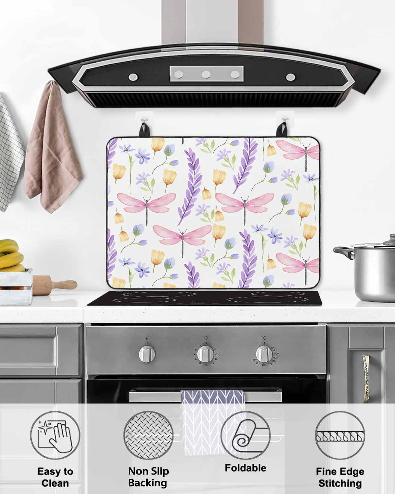 nqOlkjepod Large Induction Cooktop Protector Mat 24"x21", Purple Leaves Stove Top Covers for Electric Stove, Pastoral Dragonfly Botanical Plants Stove Burner Cover Mats, Glass Top Stove Cover