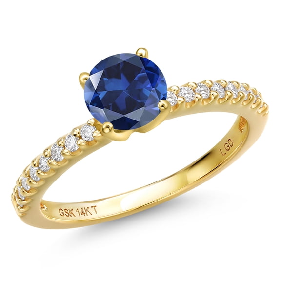 Gem Stone King 14K Yellow Gold Blue Created Sapphire and Lab Grown Diamond Engagement Ring for Women | 1.16 Cttw | Round 6MM | Gemstone September Birthstone | Size 7