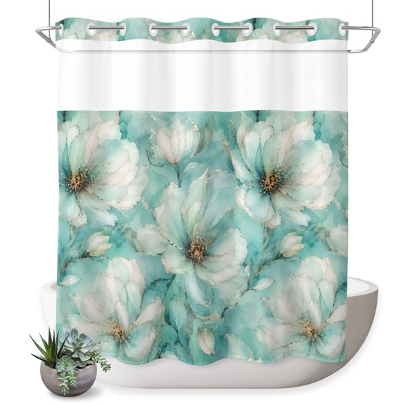 No Hook Shower Curtain, Green Flowers Shower Curtains for Bathroom with See Through Top Window, Farmhouse Watercolor Blossom Wildflowers Waterproof & Washable Bath Curtain 66"x72"