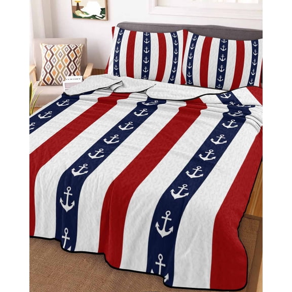 Nautical Anchor King Size Down Alternative Comforter, Lightweight Comforter Quilt Bedding Set with Pillow Shams Red Navy Blue White Stripe Geometric All Seasons Bed Comforter Duvet Insert 96"x106"