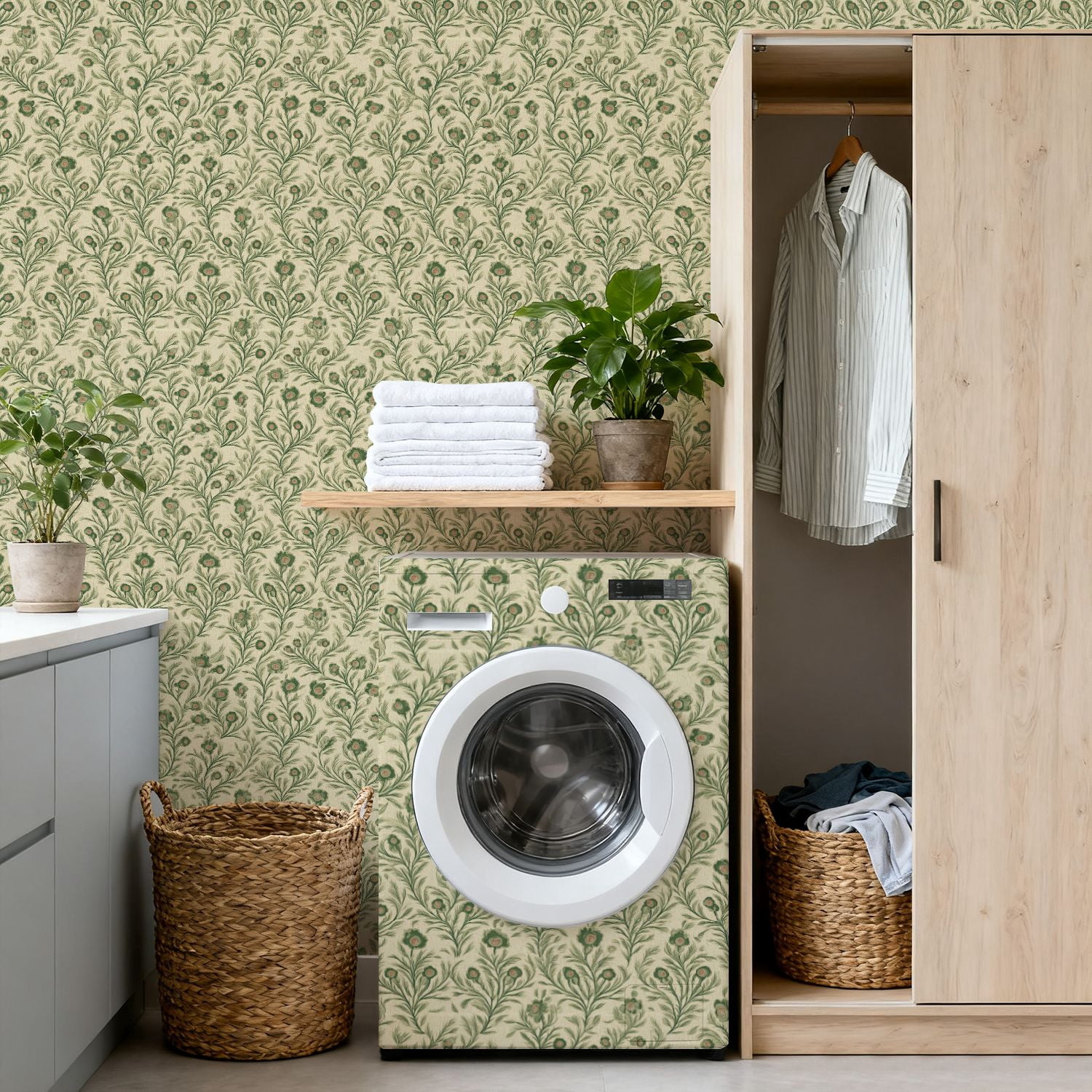 Sage Green Peel and Stick Wallpaper Vintage Floral Green Pink Flowers Beige Wall Mural 17.7in x 9.8ft Self Adhesive Removable Wall Paper Renter Friendly Wallpaper for Girls Bedroom