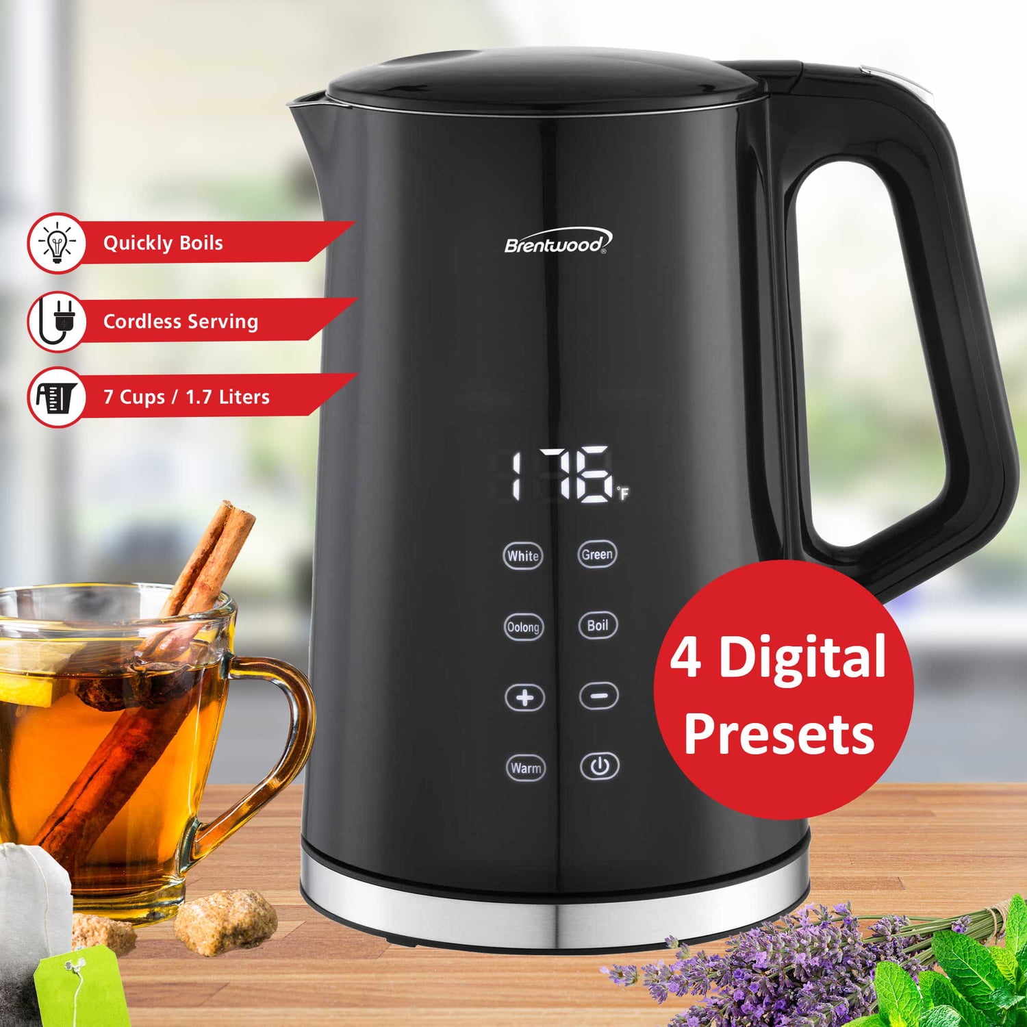 Brentwood 1,100-Watt 1.7-L Cordless Cool-Touch Digital Electric Kettle with Stainless Steel Interior, BTWKT2015DBK, KT-2015DBK