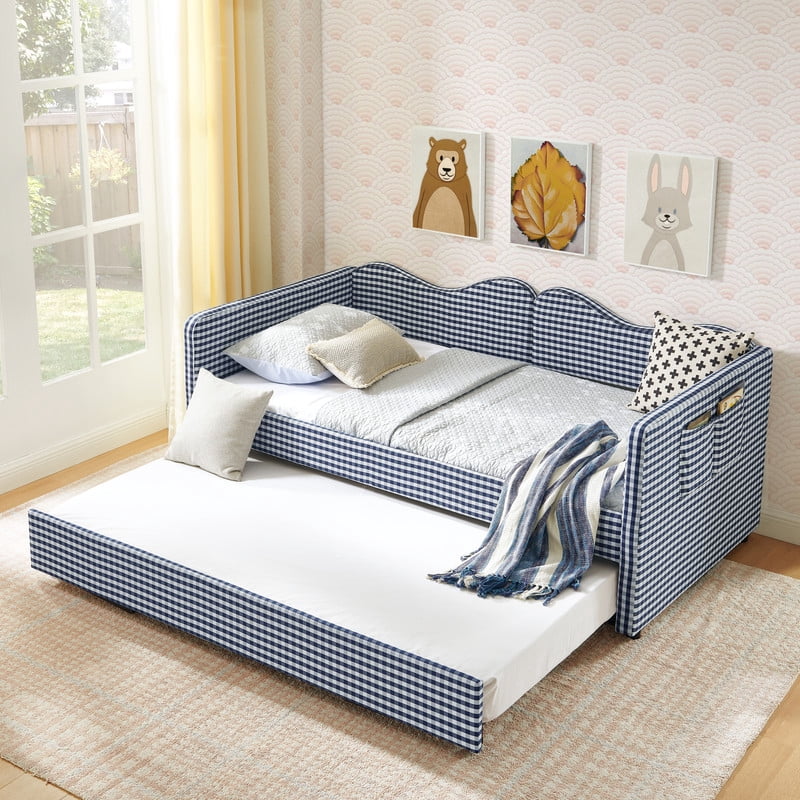 Twin to King Size Daybed with Trundle, Gingham Upholstered Day Bed Frame with Side Storage Pocket and Wave Backrest, Sofa Bed Frame for Bedroom, No Box Spring Needed