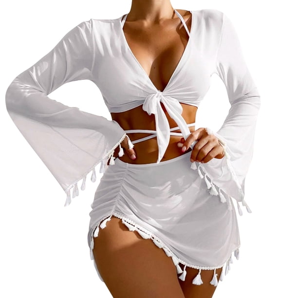 Gibobby Conjunto de Bikini para Mujer Traje de baño para mujer Cubrirse Sexy Frente abierto Bikini de playa Traje de baño Kimono Cubrir Ropa de playa lar(Blanco,CH)