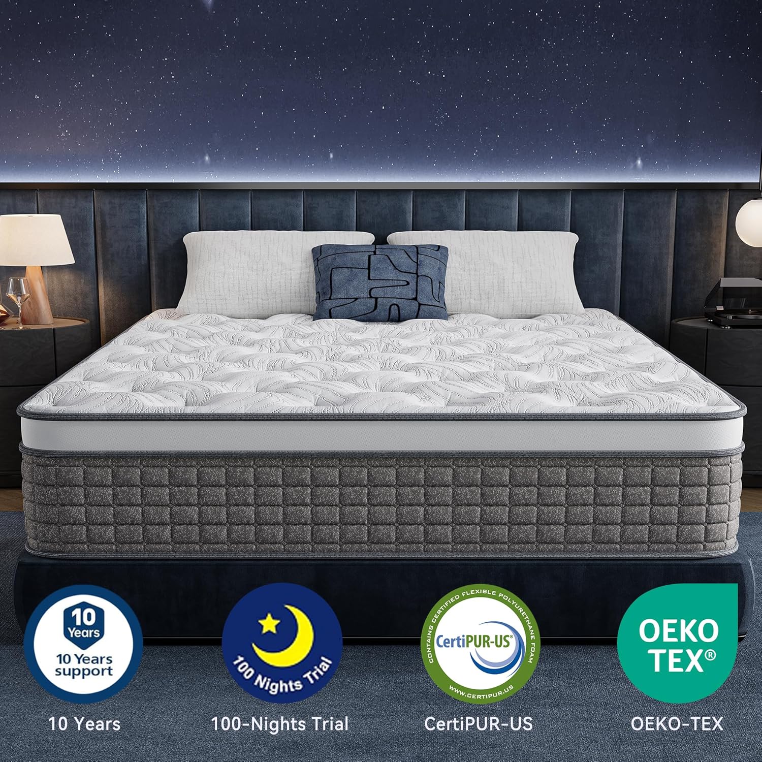 Sailvan 12-Inch King Size Mattress in a Box, Hybrid Medium-Firm Support Mattress with Cooling Gel Memory Foam,Motion Isolation, CertiPUR-US Certification,and Pressure Relief,Gray