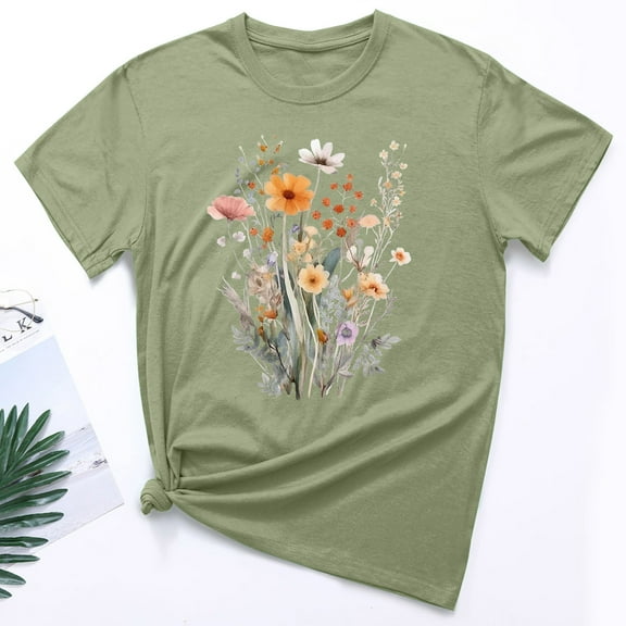 Sakmal Womens Tops Plus Size Short Sleeve Green Flower Graphic Crew Neck T-Shirts Womens Shirts for Summer