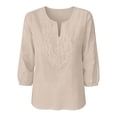 thumbnail image 5 of Women's Cotton Linen 3/4 Sleeve V Neck Lace Blouse Loose Fit Casual, 5 of 7